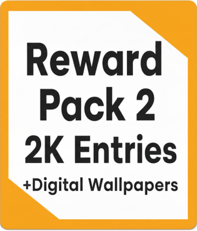 Badge with 'Reward Pack 2 2K Entries + Digital Wallpapers' text on a white background with an orange border.