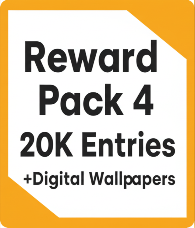 Badge with 'Reward Pack 4 20K Entries + Digital Wallpapers' text on a white background with a yellow border.